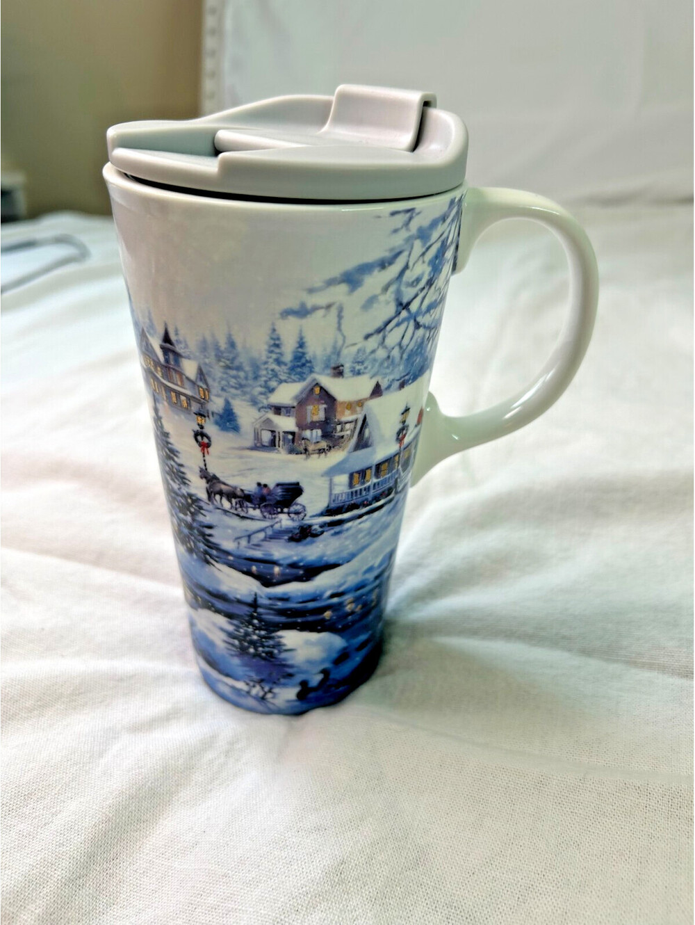 Cypress Ceramic Travel Mug w Handle & Lid Approx 16/17oz Winter Snow Holiday Cup